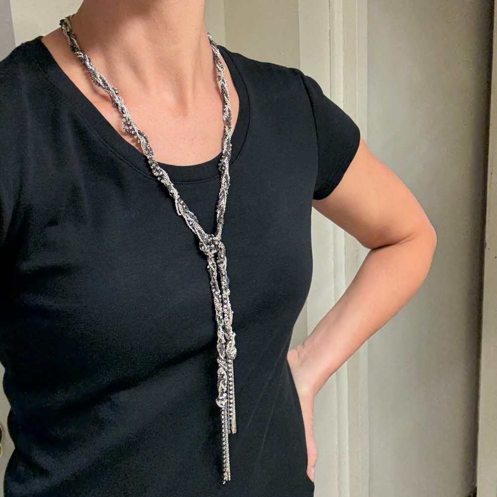 Stella & Dot Black and Silver Braided Chain Lariat Necklace, retired